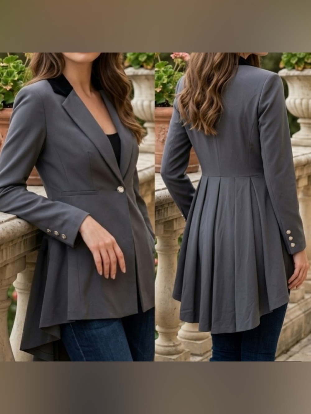 Venus - NEW - Long Ruffle Back Blazer tuxedo-inspired tailored jacket - Picture 2 of 10